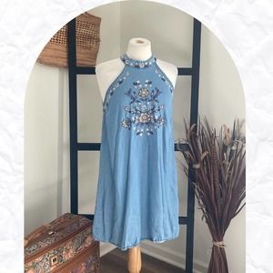 Women's Small Halter Neckline Embroidered Blue Rain from Francesca's Dress